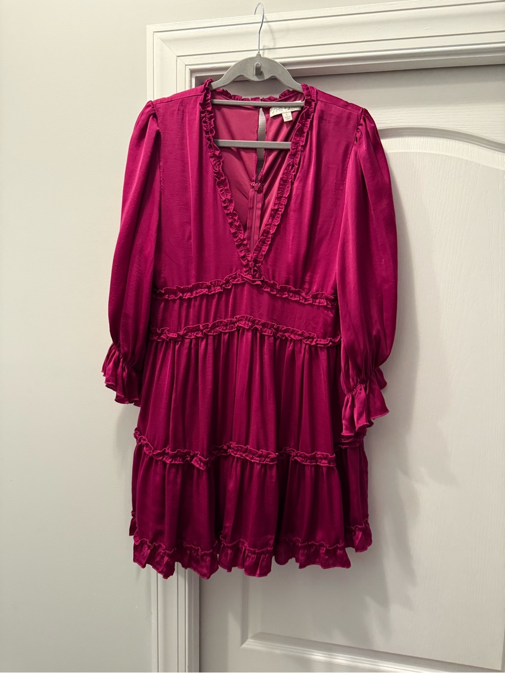 GREAT for Fall-Like New Boutique Satin Tiered Mini Dress - Fuchsia - Picture 2 of 6
